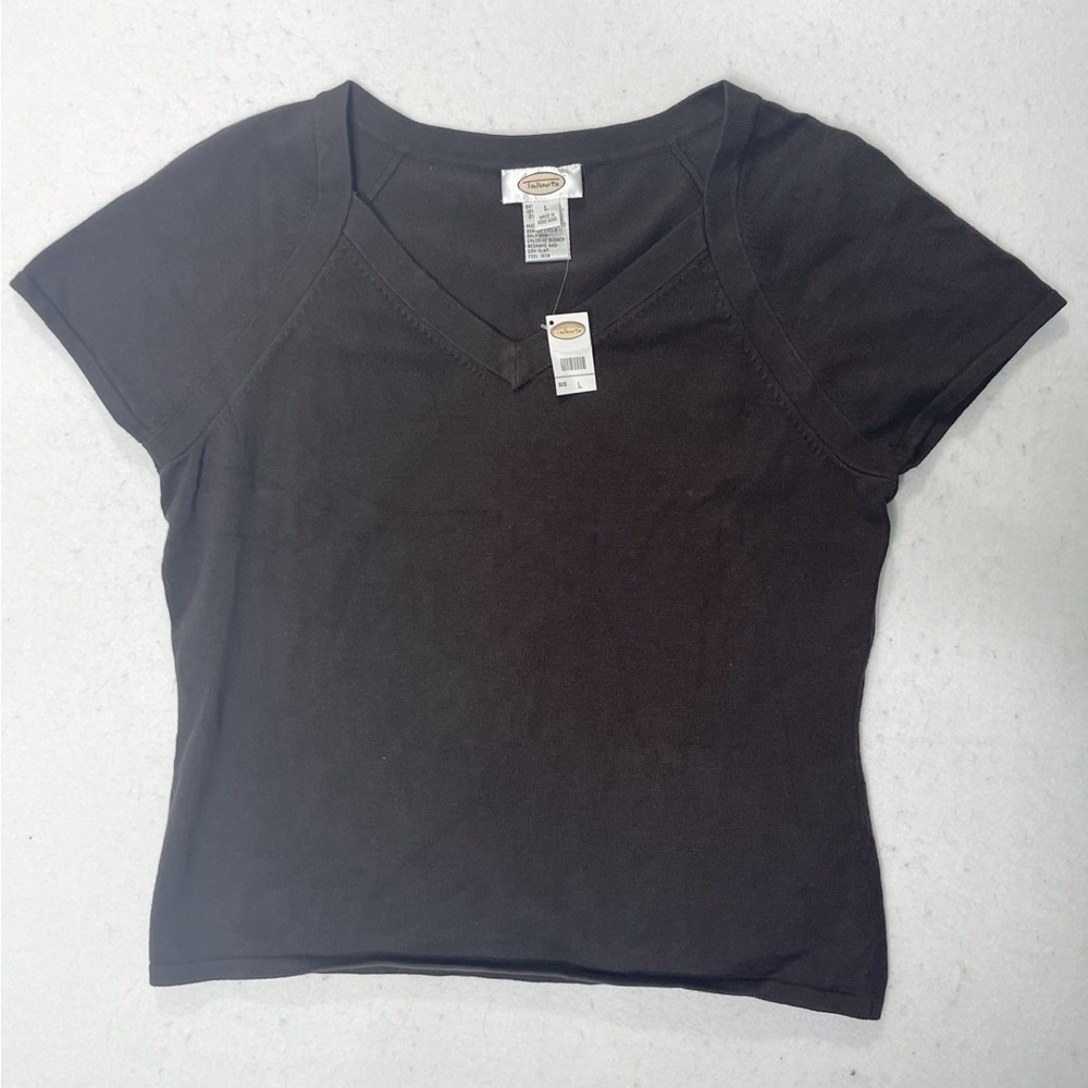 Talbots Large Brown Pullover Knit Square V-Neck Neck Shirt Short Sleeve Vintage